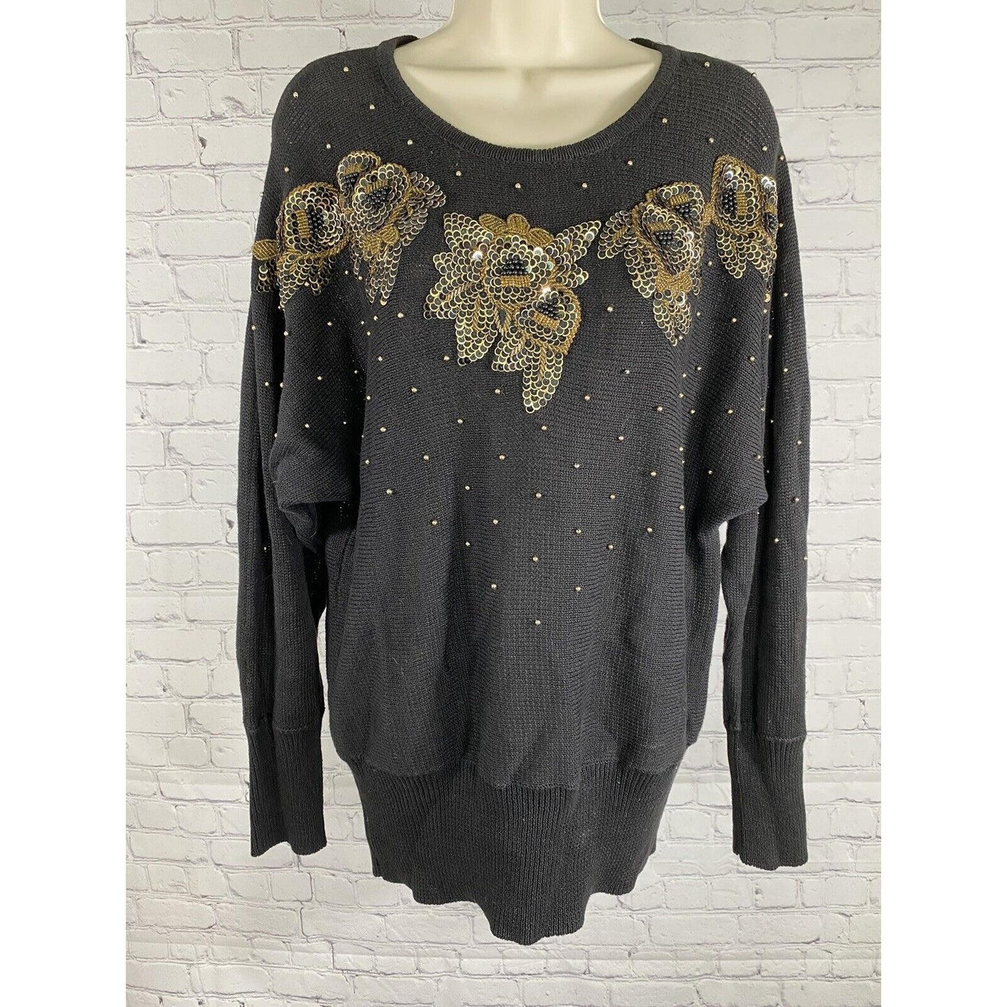 VTG Victoria Harbour Black Dolman Sleeve Black Gold Beaded Sequined Sweater M