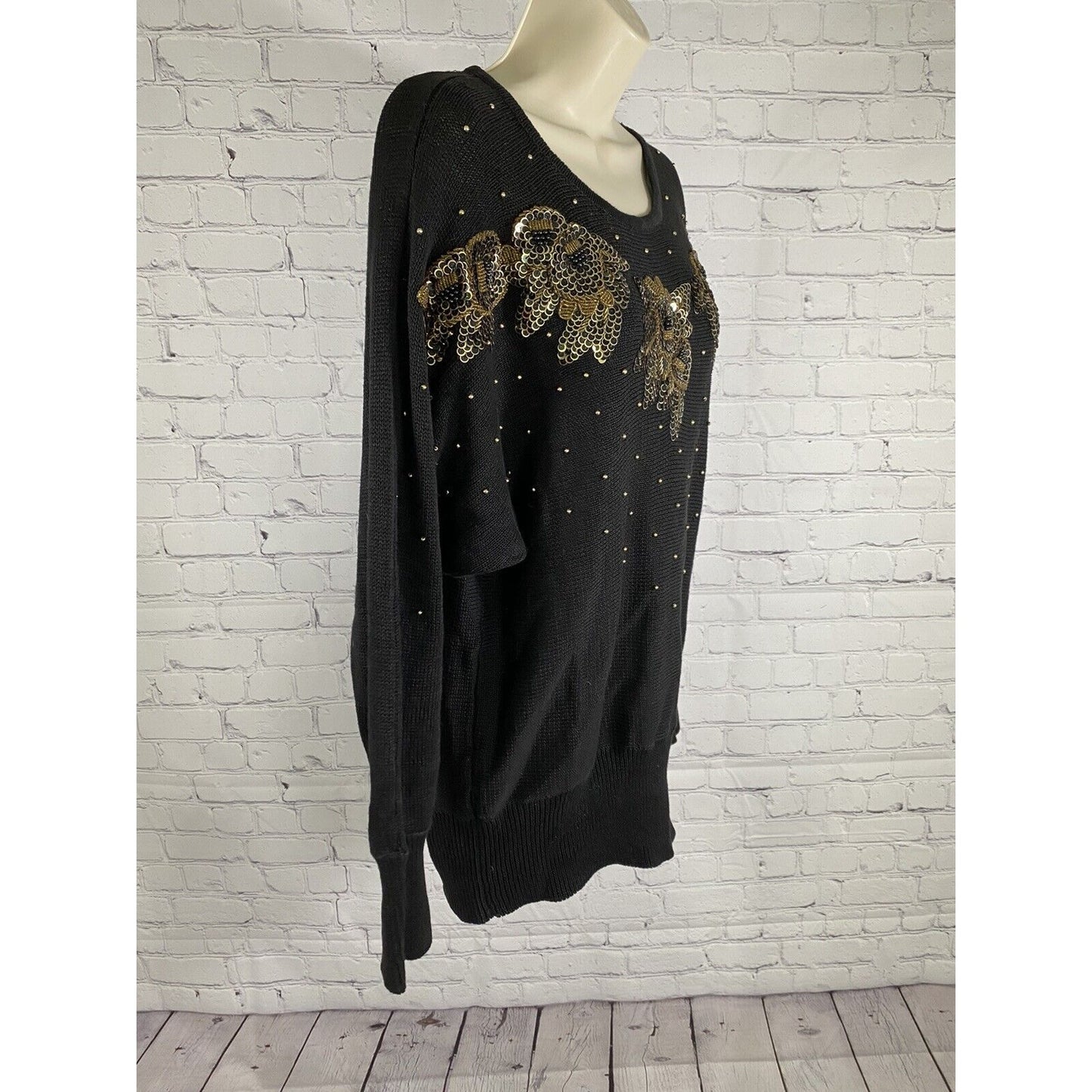 VTG Victoria Harbour Black Dolman Sleeve Black Gold Beaded Sequined Sweater M