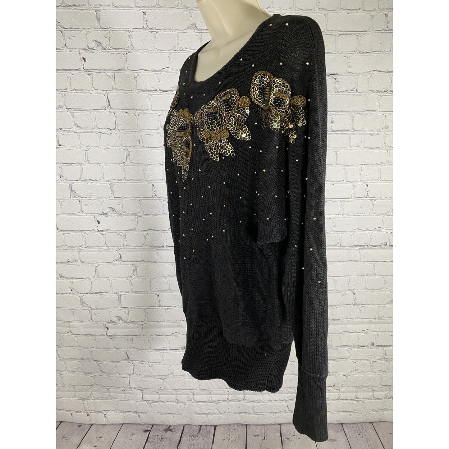 VTG Victoria Harbour Black Dolman Sleeve Black Gold Beaded Sequined Sweater M