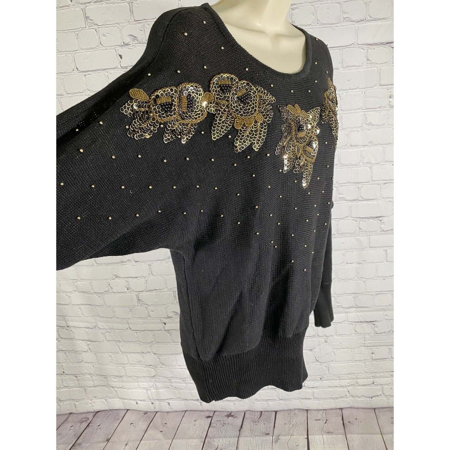 VTG Victoria Harbour Black Dolman Sleeve Black Gold Beaded Sequined Sweater M