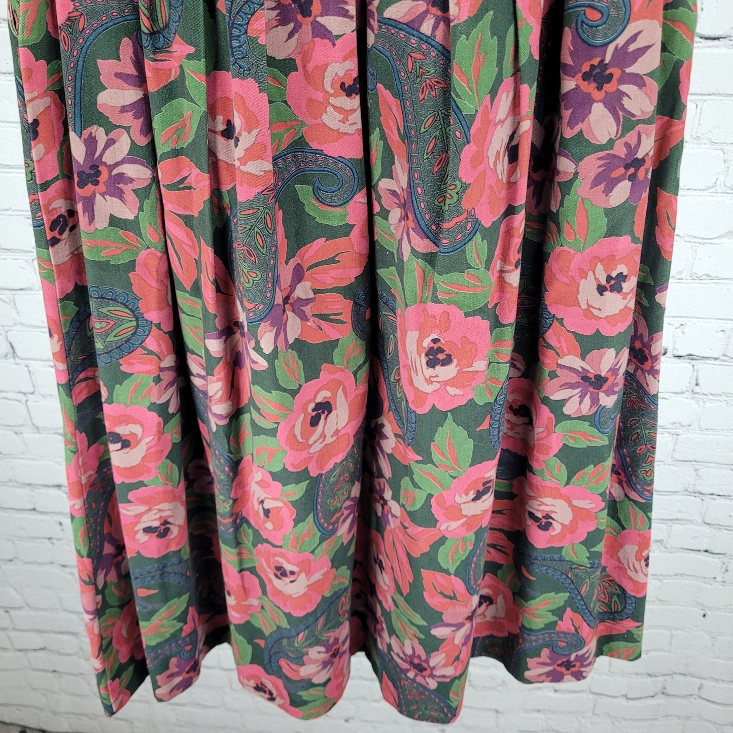 VTG Charter Club Jane Justin Green Floral Paisley Pleated Skirt Size 6 (25x33)