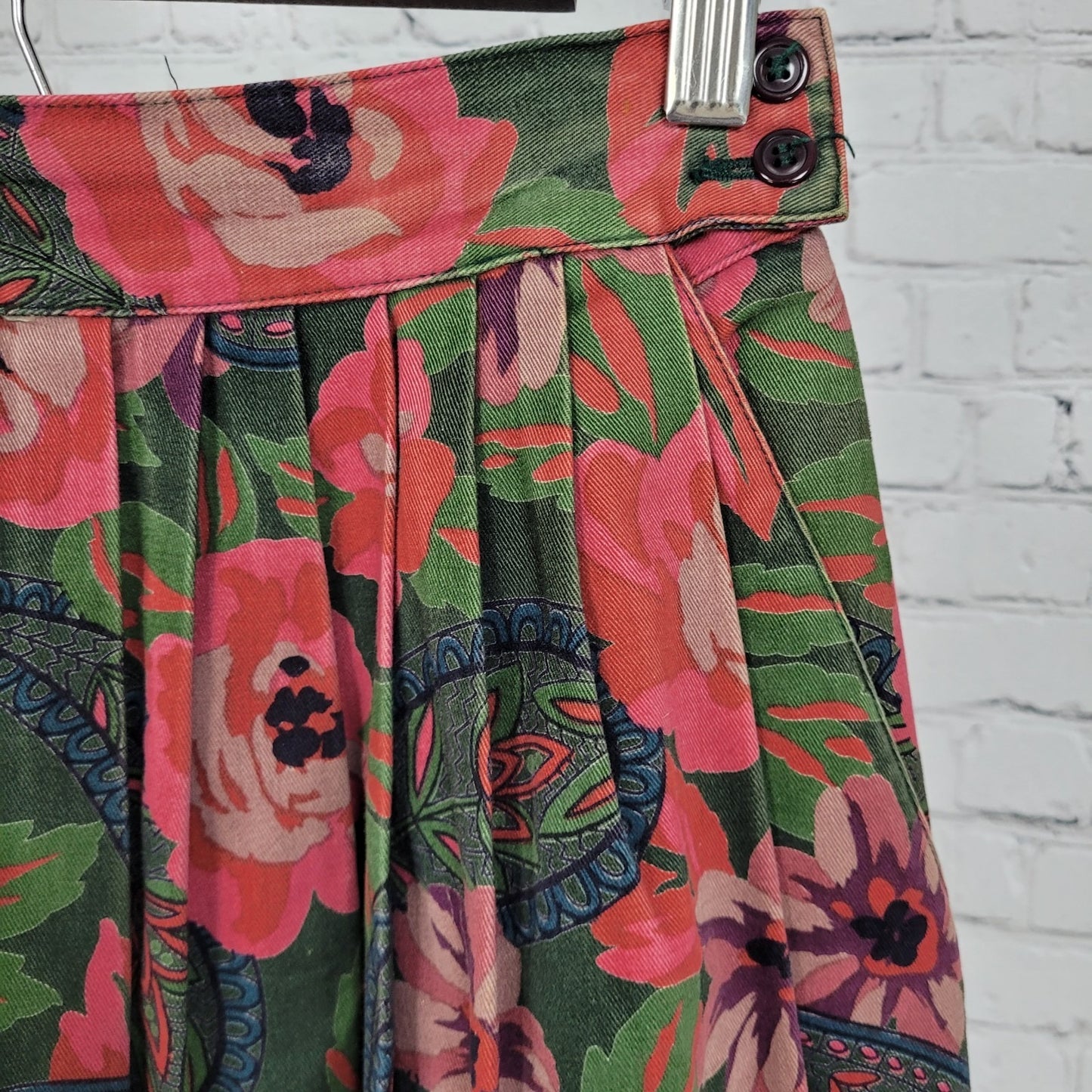 VTG Charter Club Jane Justin Green Floral Paisley Pleated Skirt Size 6 (25x33)