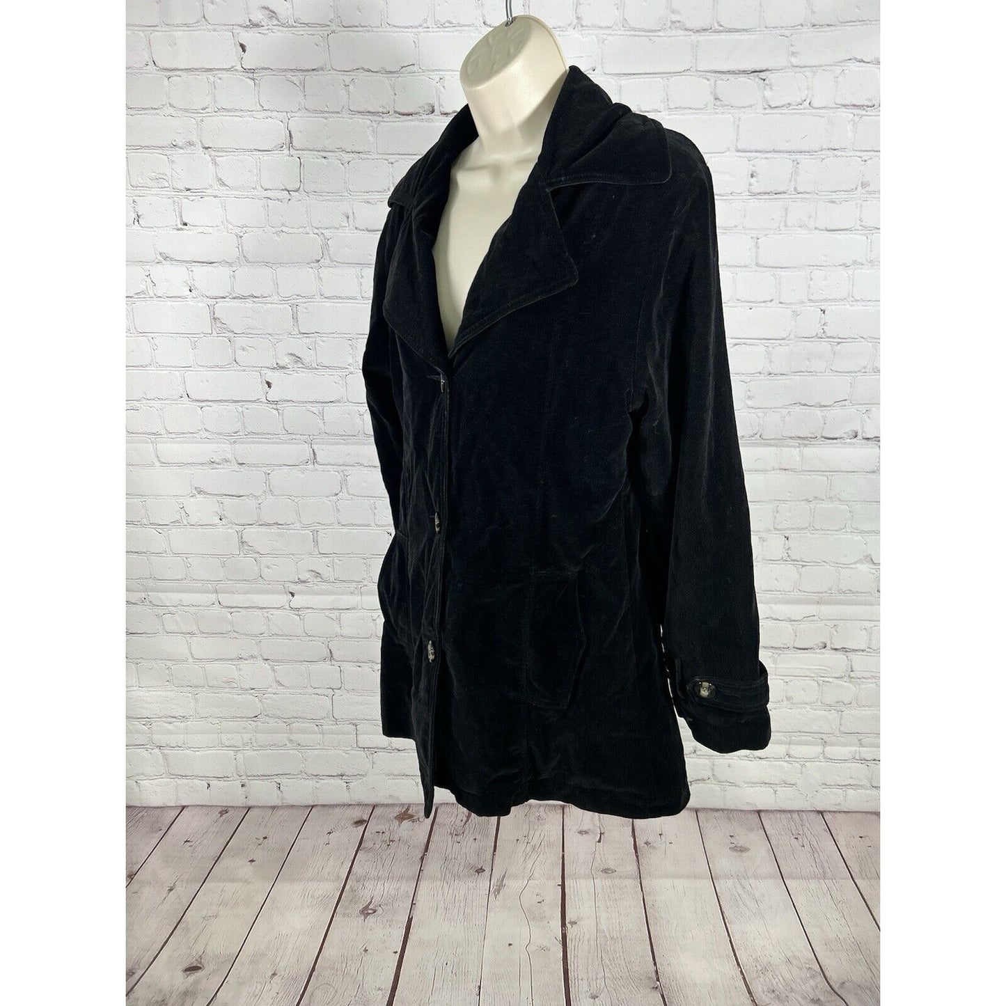 VTG Urban Vibe Black Velour Mid Length Cotton Shell Button Up Blazer Womens S