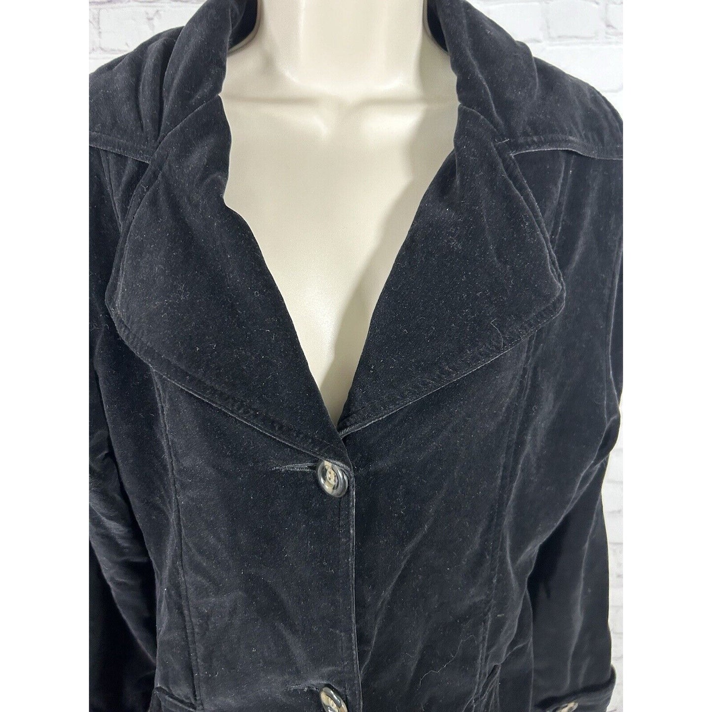 VTG Urban Vibe Black Velour Mid Length Cotton Shell Button Up Blazer Womens S