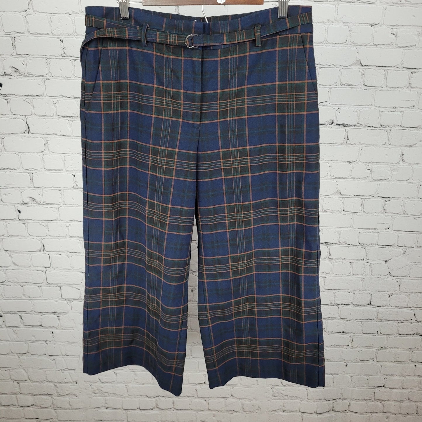 Ann Taylor Factory Blue Plaid High Rise Wide Leg Crop Pants Size 14P (33x23)