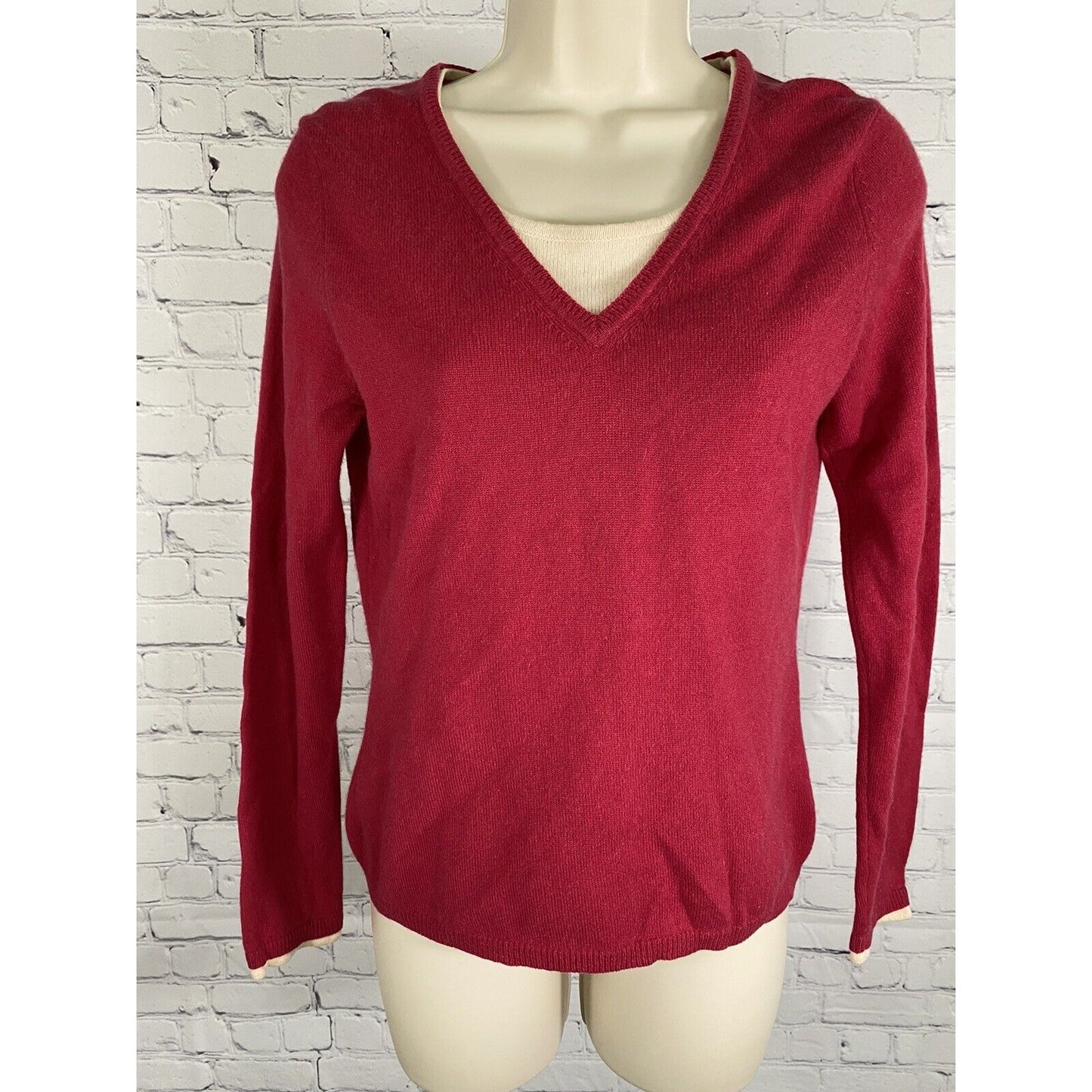 Peck & Peck Pure Cashmere Hot Pink Tan Faux Layered Pullover Knit Sweater S