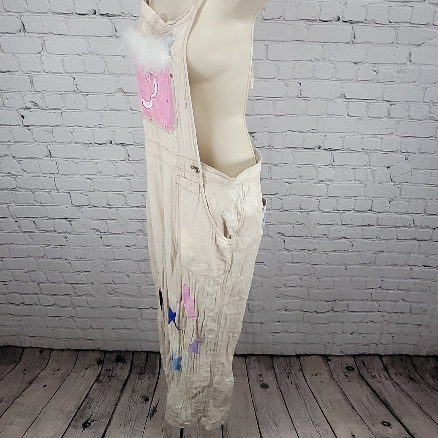 Free People Beige Linen Cotton Blend Reworked Painters Overalls Jumpsuit Large L