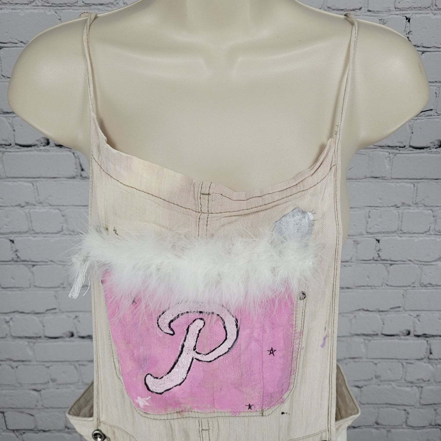 Free People Beige Linen Cotton Blend Reworked Painters Overalls Jumpsuit Large L
