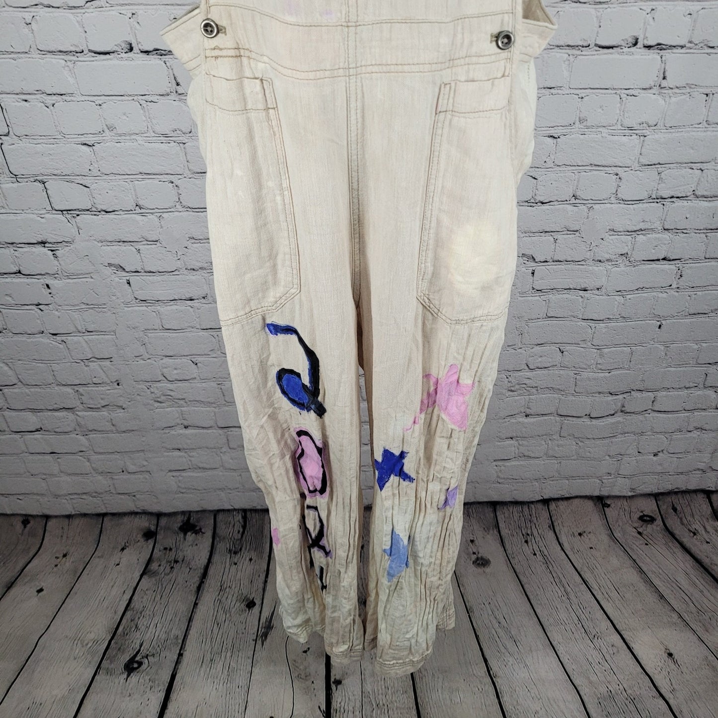 Free People Beige Linen Cotton Blend Reworked Painters Overalls Jumpsuit Large L