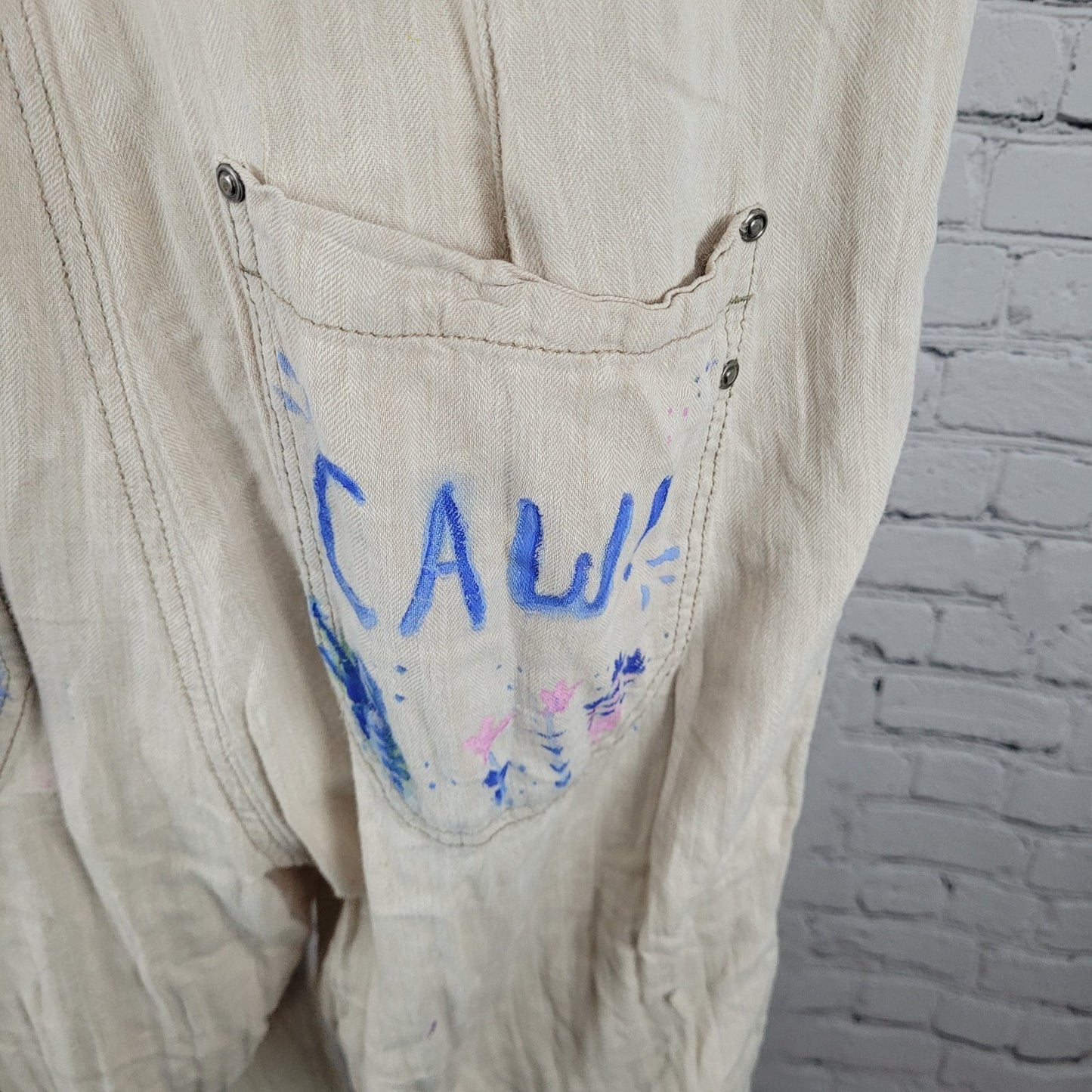 Free People Beige Linen Cotton Blend Reworked Painters Overalls Jumpsuit Large L