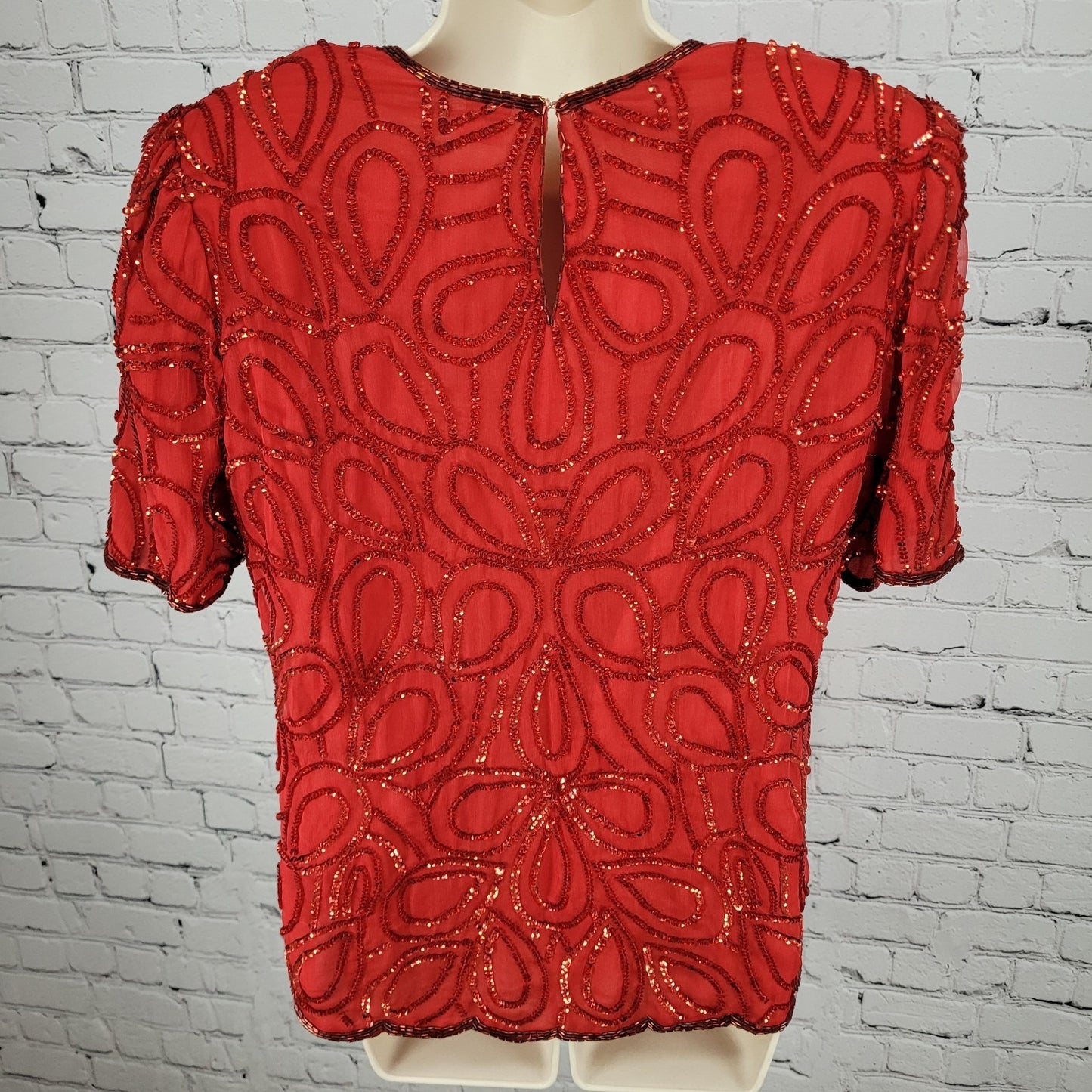 Laurence Kazar Red Silk Beaded Sequin Shoulder Pad Blouse Top Size Small S