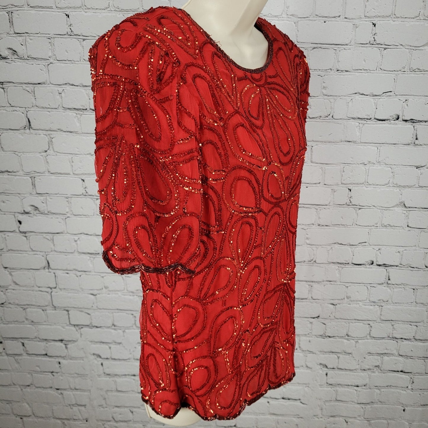 Laurence Kazar Red Silk Beaded Sequin Shoulder Pad Blouse Top Size Small S