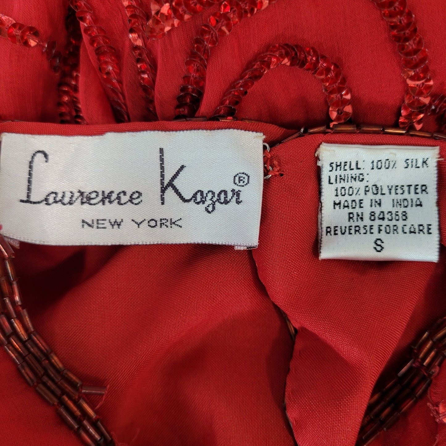 Laurence Kazar Red Silk Beaded Sequin Shoulder Pad Blouse Top Size Small S