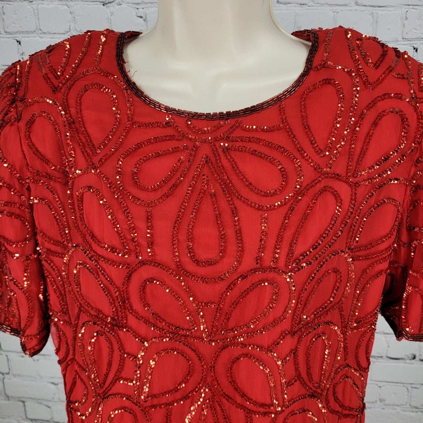 Laurence Kazar Red Silk Beaded Sequin Shoulder Pad Blouse Top Size Small S