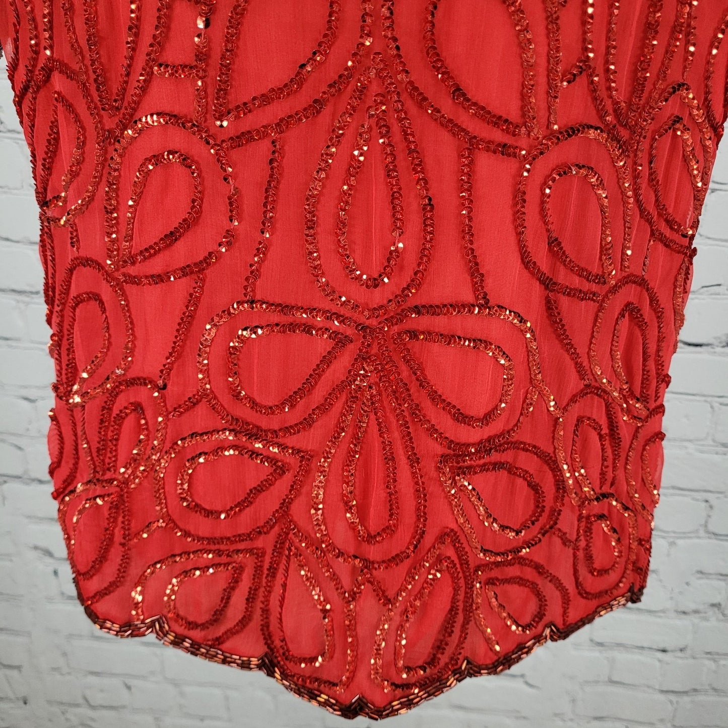 Laurence Kazar Red Silk Beaded Sequin Shoulder Pad Blouse Top Size Small S