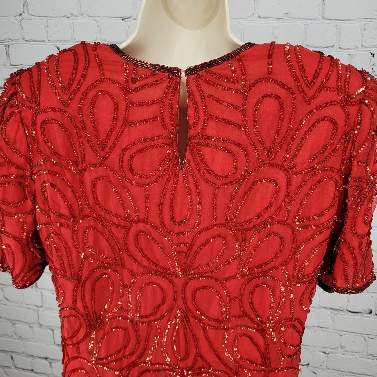 Laurence Kazar Red Silk Beaded Sequin Shoulder Pad Blouse Top Size Small S