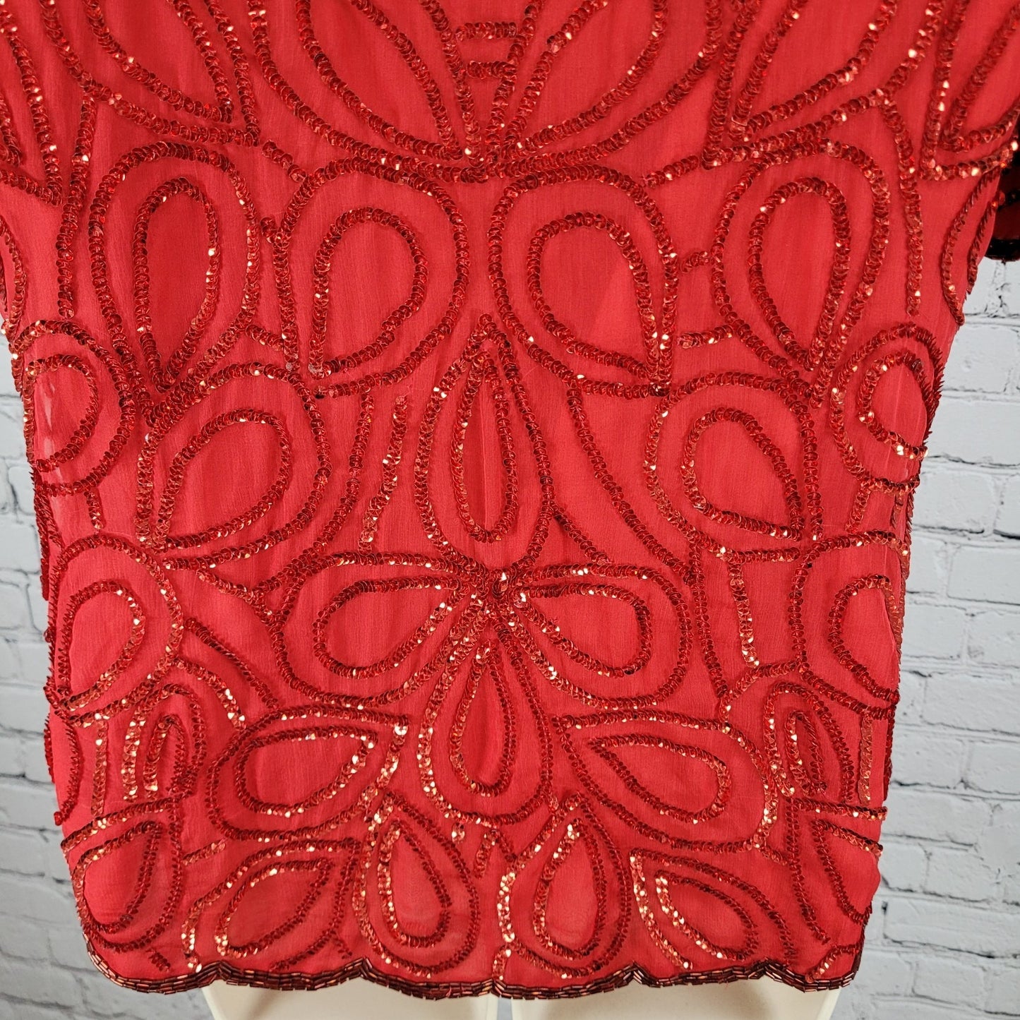 Laurence Kazar Red Silk Beaded Sequin Shoulder Pad Blouse Top Size Small S