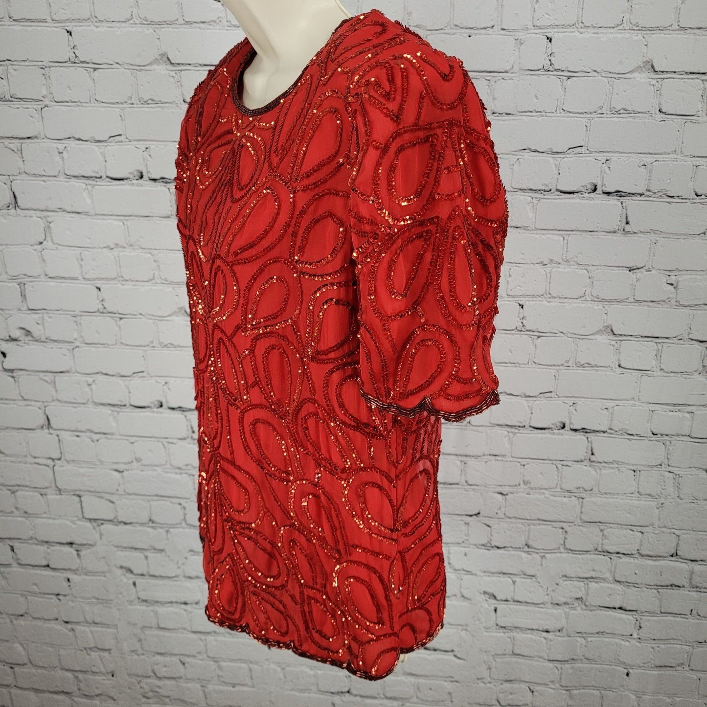 Laurence Kazar Red Silk Beaded Sequin Shoulder Pad Blouse Top Size Small S