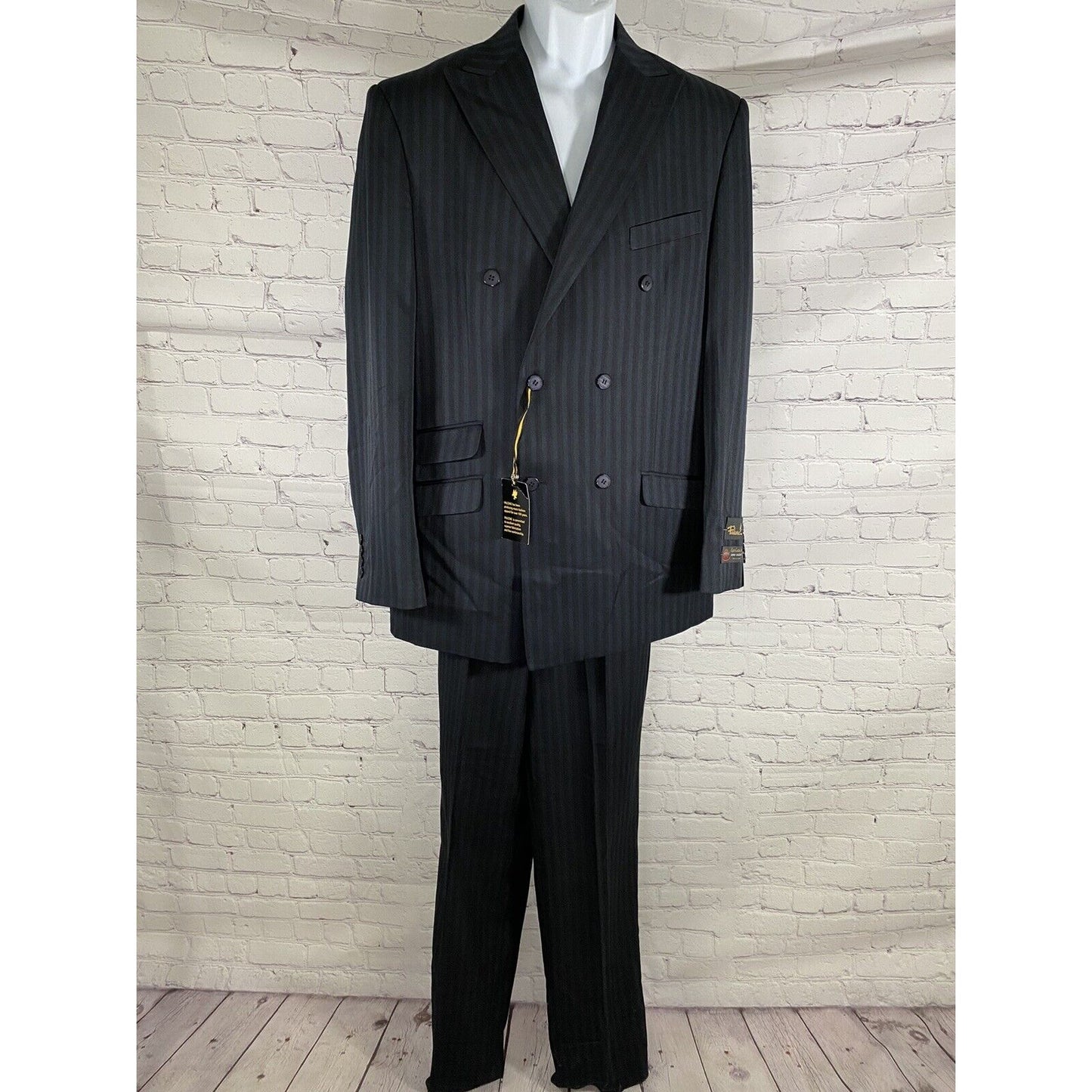 NWT Falcone Superlative 150s Blue Black Striped Pant Suit 42L 35W