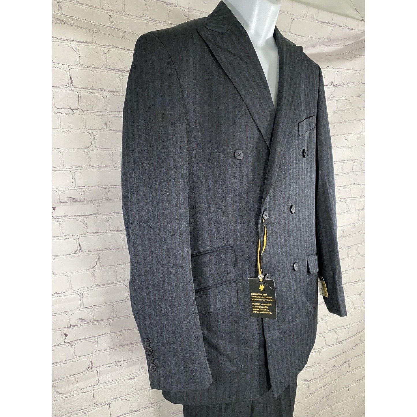 NWT Falcone Superlative 150s Blue Black Striped Pant Suit 42L 35W