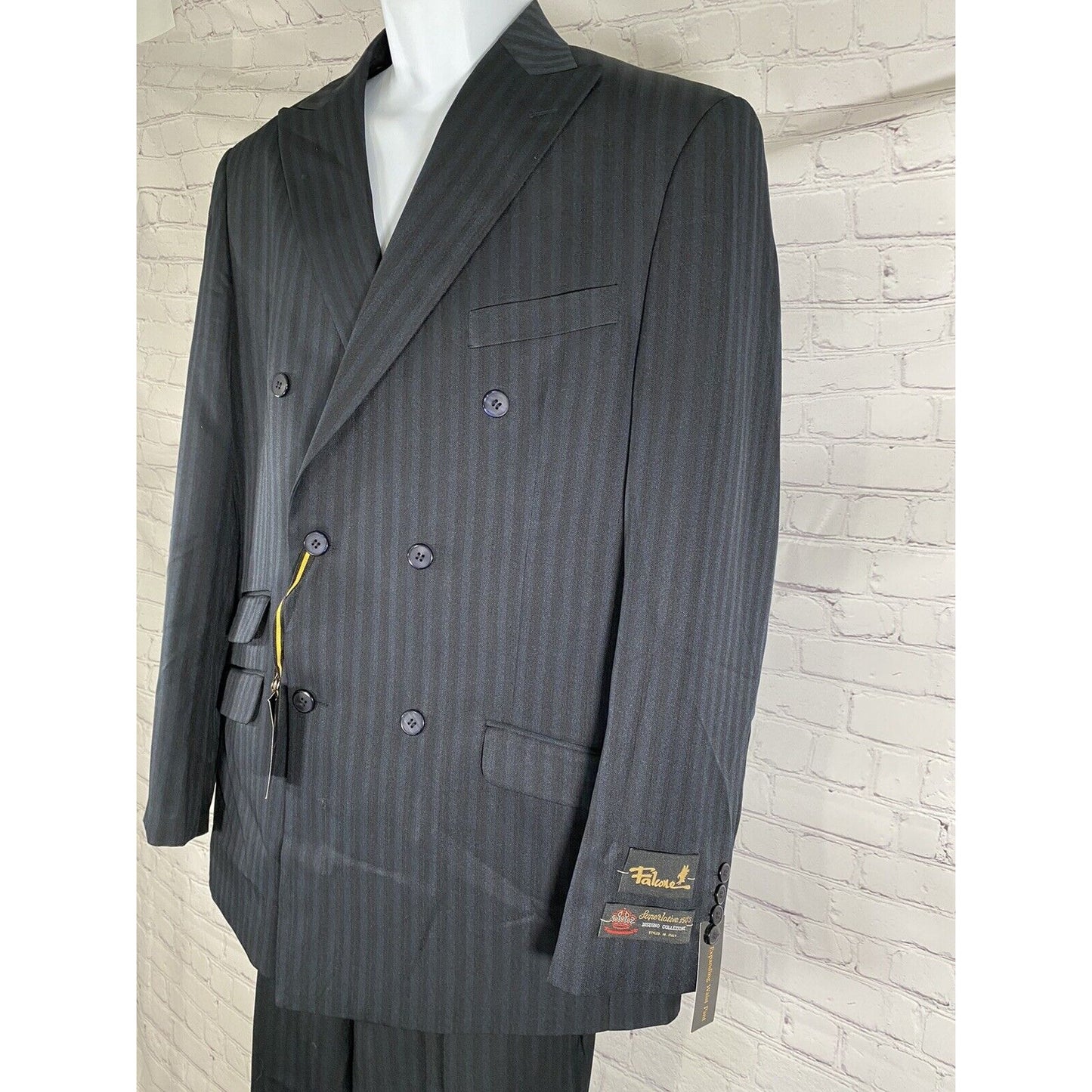 NWT Falcone Superlative 150s Blue Black Striped Pant Suit 42L 35W