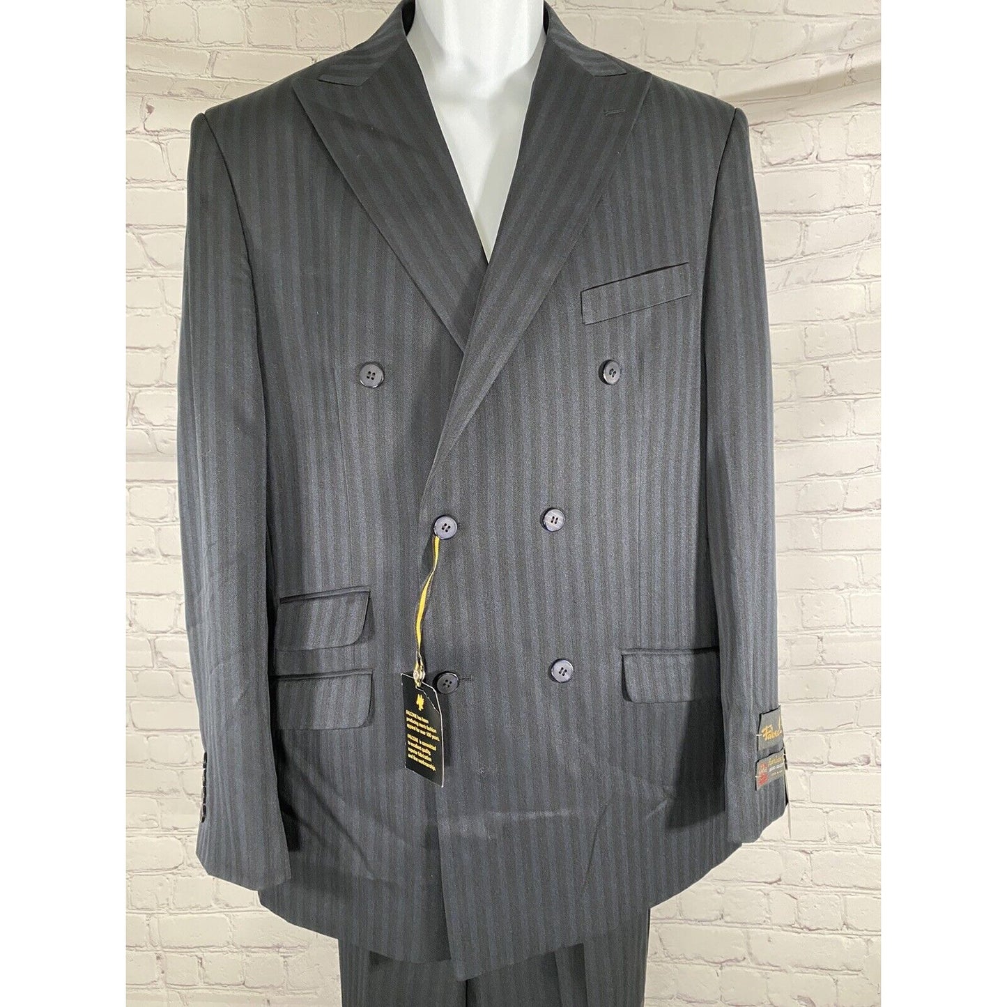 NWT Falcone Superlative 150s Blue Black Striped Pant Suit 42L 35W