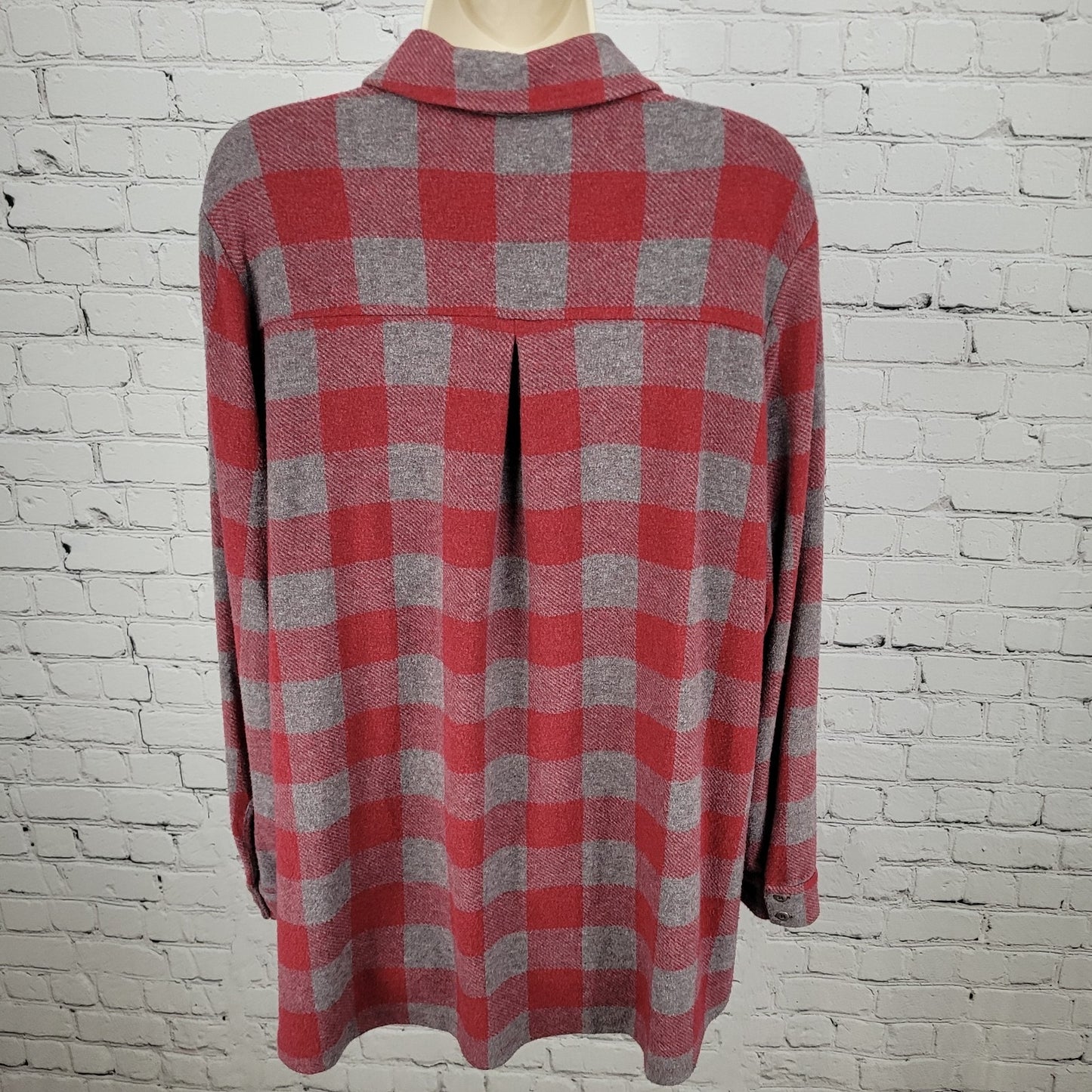 Soft Surroundings Red & Grey Check Stretch Button Up Long Sleeve Shirt Size PXL