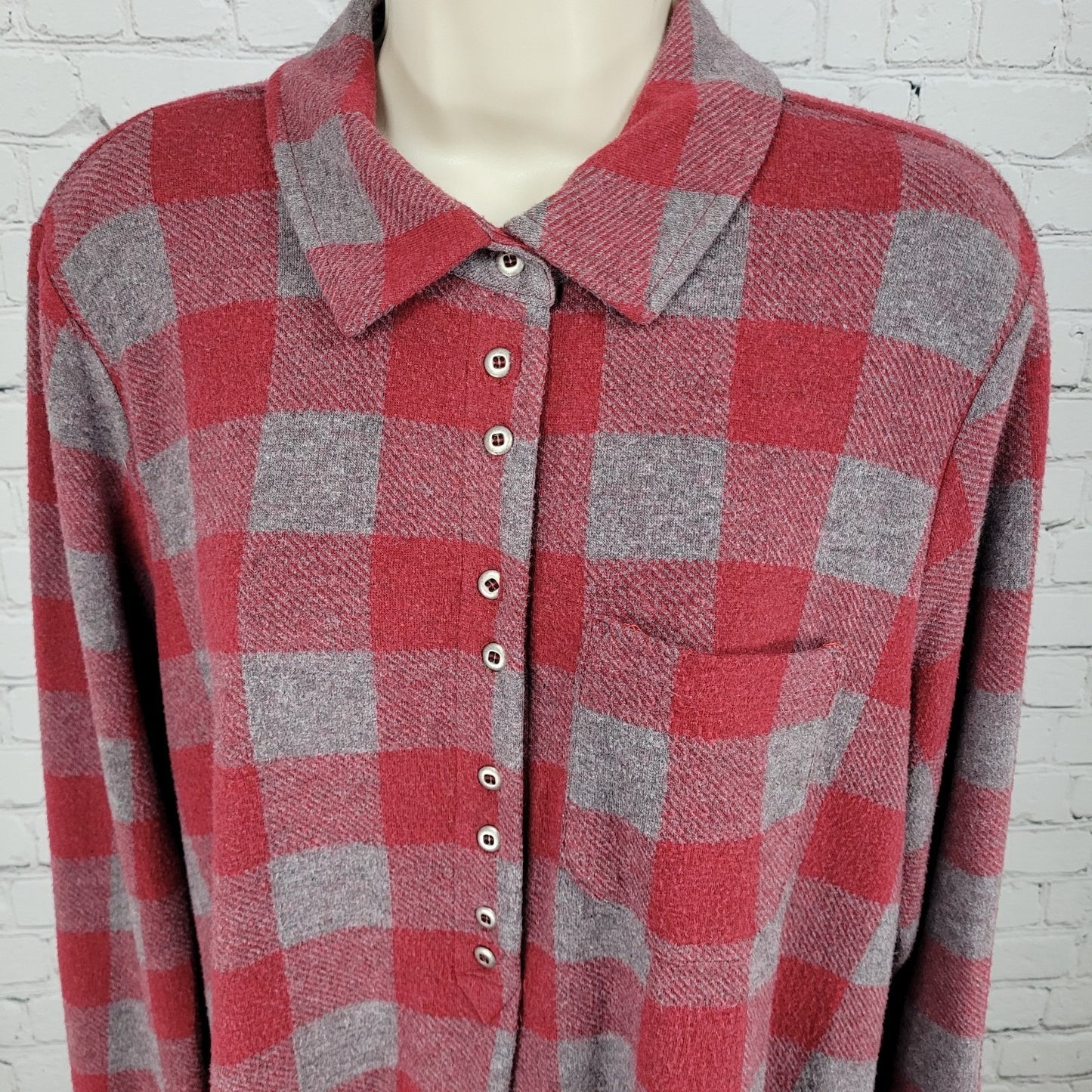 Soft Surroundings Red & Grey Check Stretch Button Up Long Sleeve Shirt Size PXL