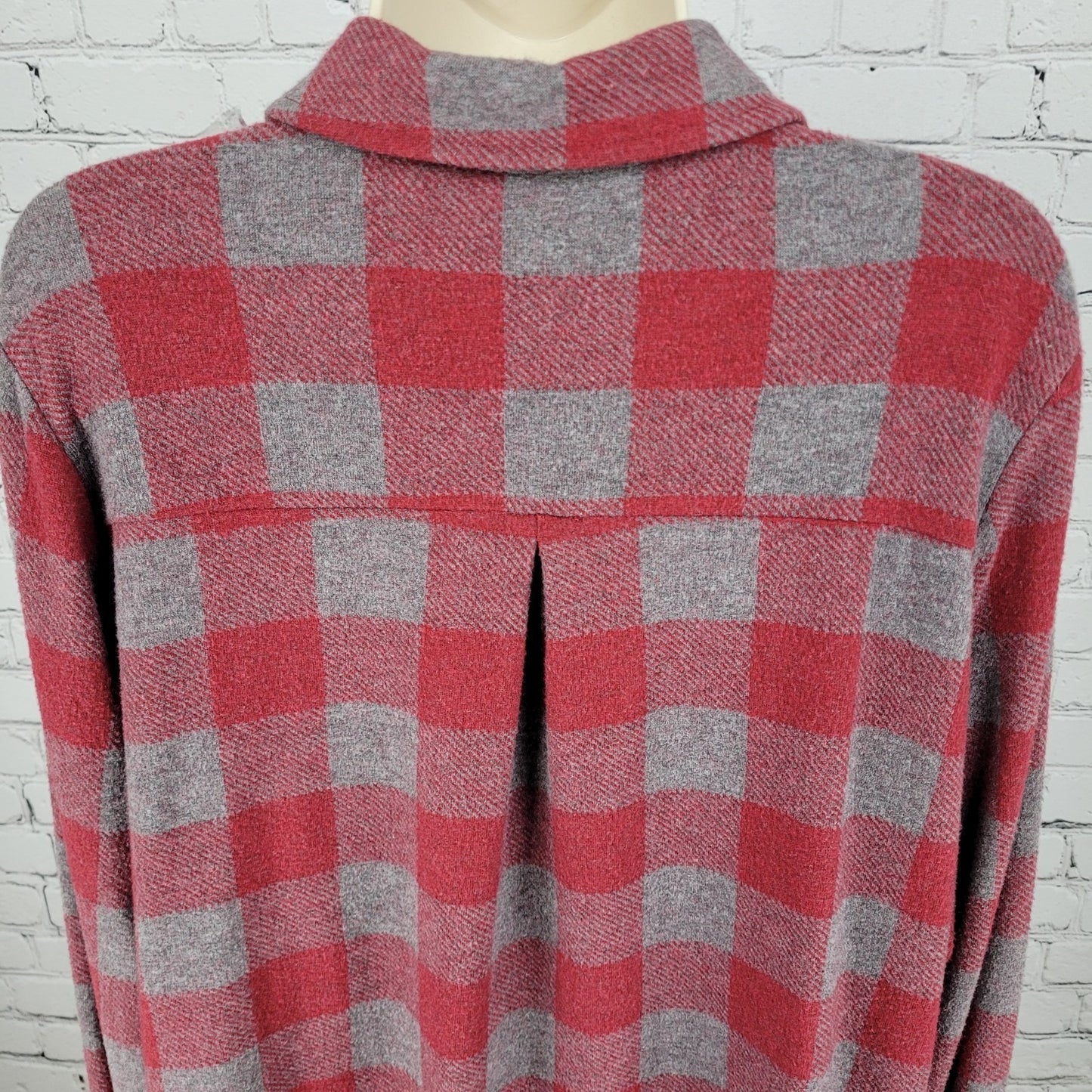Soft Surroundings Red & Grey Check Stretch Button Up Long Sleeve Shirt Size PXL