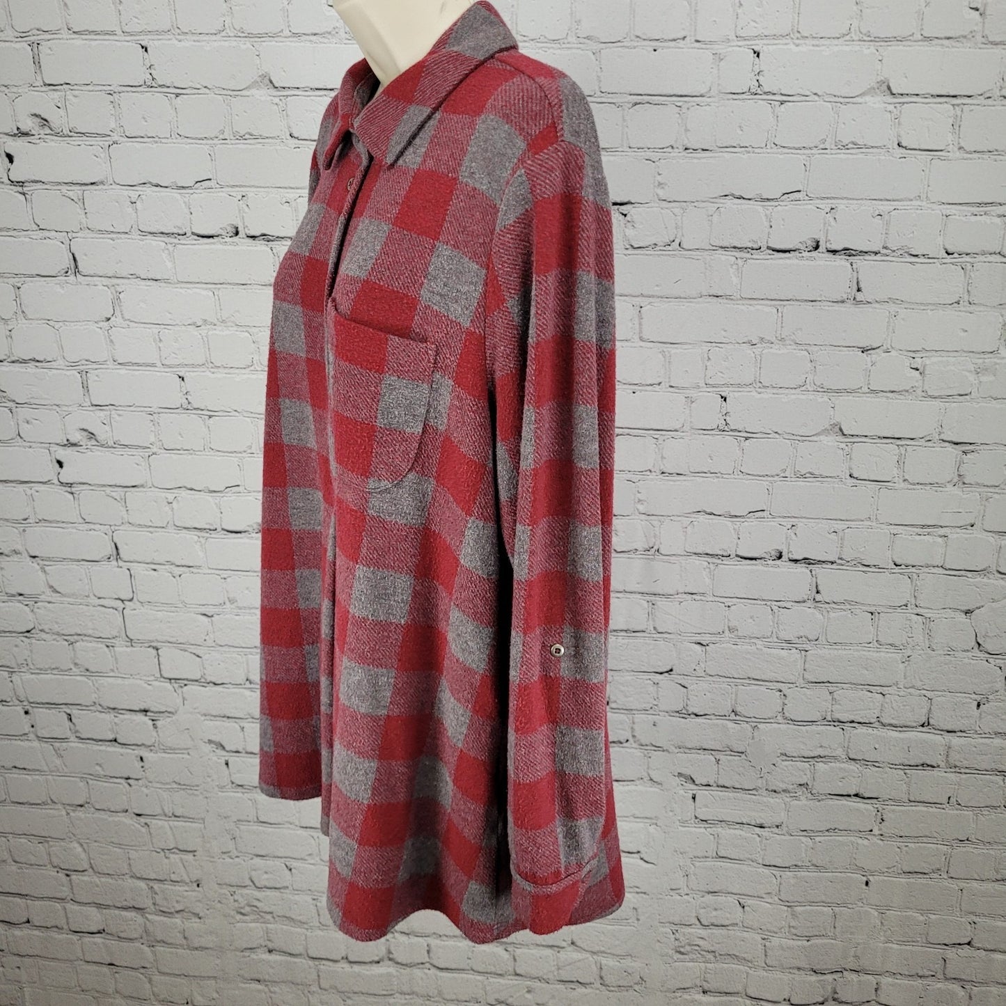 Soft Surroundings Red & Grey Check Stretch Button Up Long Sleeve Shirt Size PXL