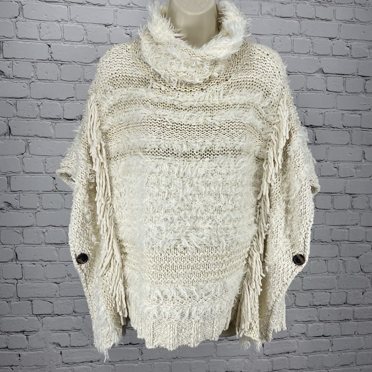By Anthropologie Ivory Chunky Knit Crochet Soft Oversized Sweater Poncho XS/S