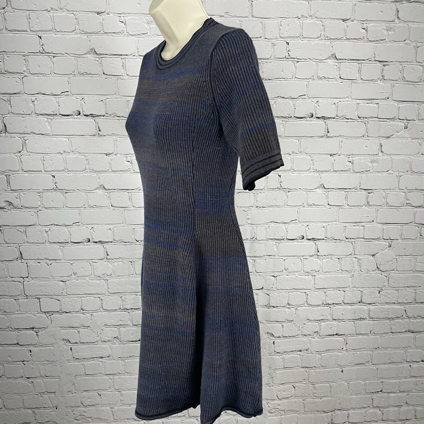 Athleta Blue Grey Wool Blend Sweater Short Sleeve Flare Ribbed Dress Size XS
