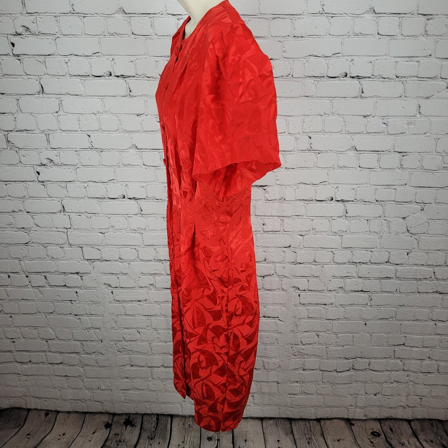 VTG Nordstrom Towne Square Red 100% Silk Puff Sleeve Pleated Shift Dress Size 8