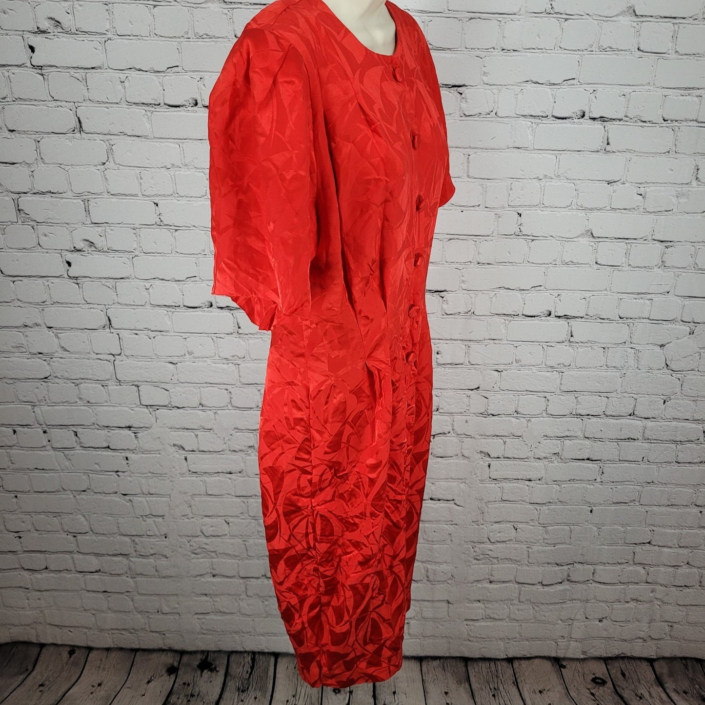 VTG Nordstrom Towne Square Red 100% Silk Puff Sleeve Pleated Shift Dress Size 8