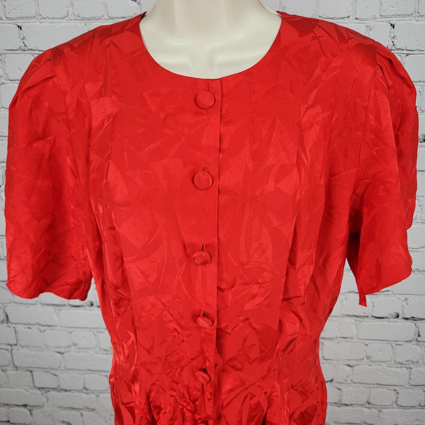 VTG Nordstrom Towne Square Red 100% Silk Puff Sleeve Pleated Shift Dress Size 8