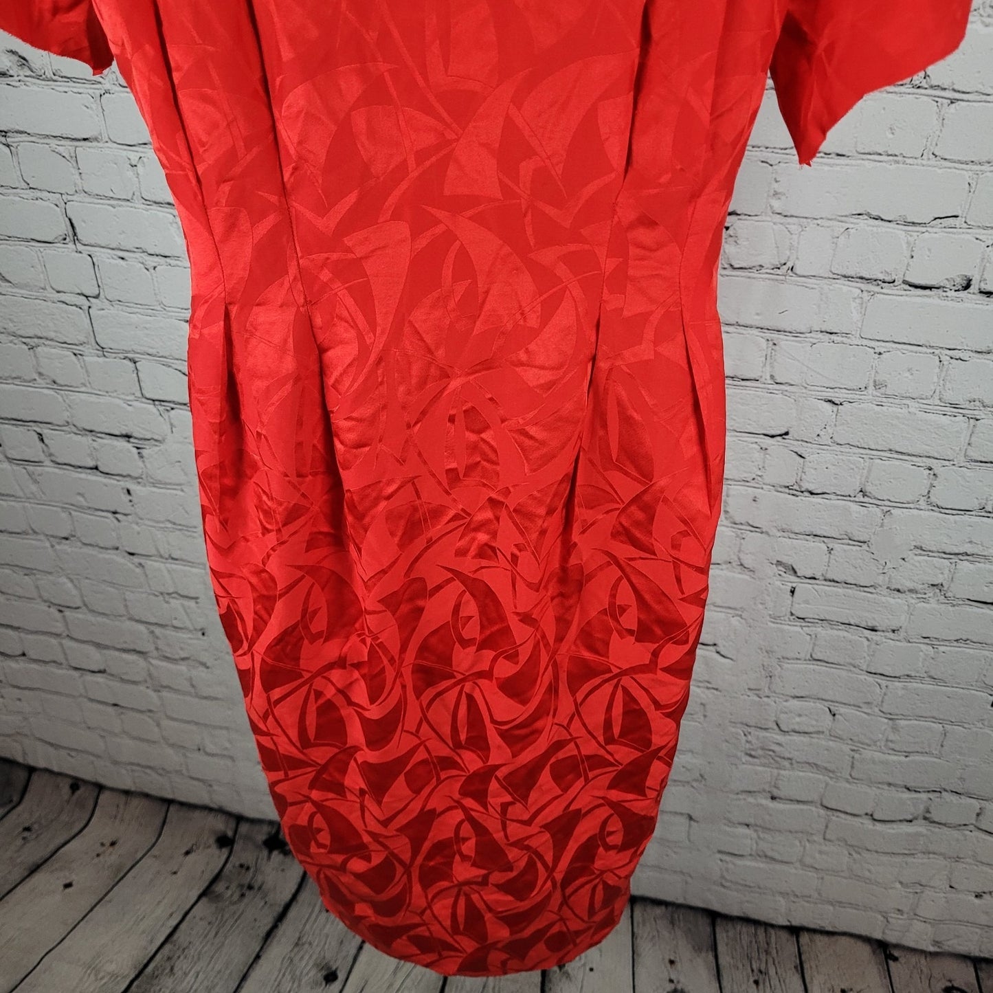 VTG Nordstrom Towne Square Red 100% Silk Puff Sleeve Pleated Shift Dress Size 8