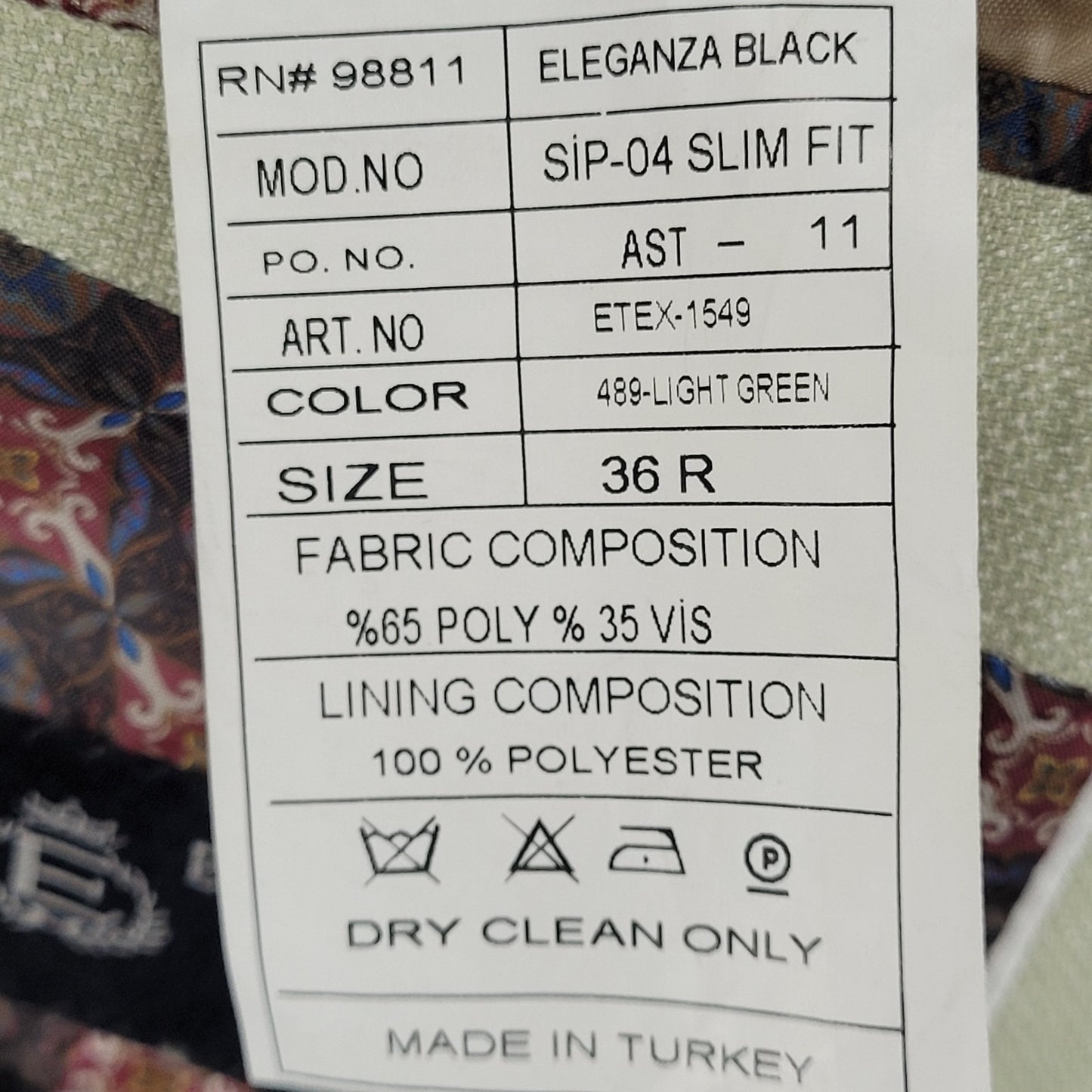Eleganza Black Light Green Super 140's Slim Fit Blazer Sport Coat Size 36R