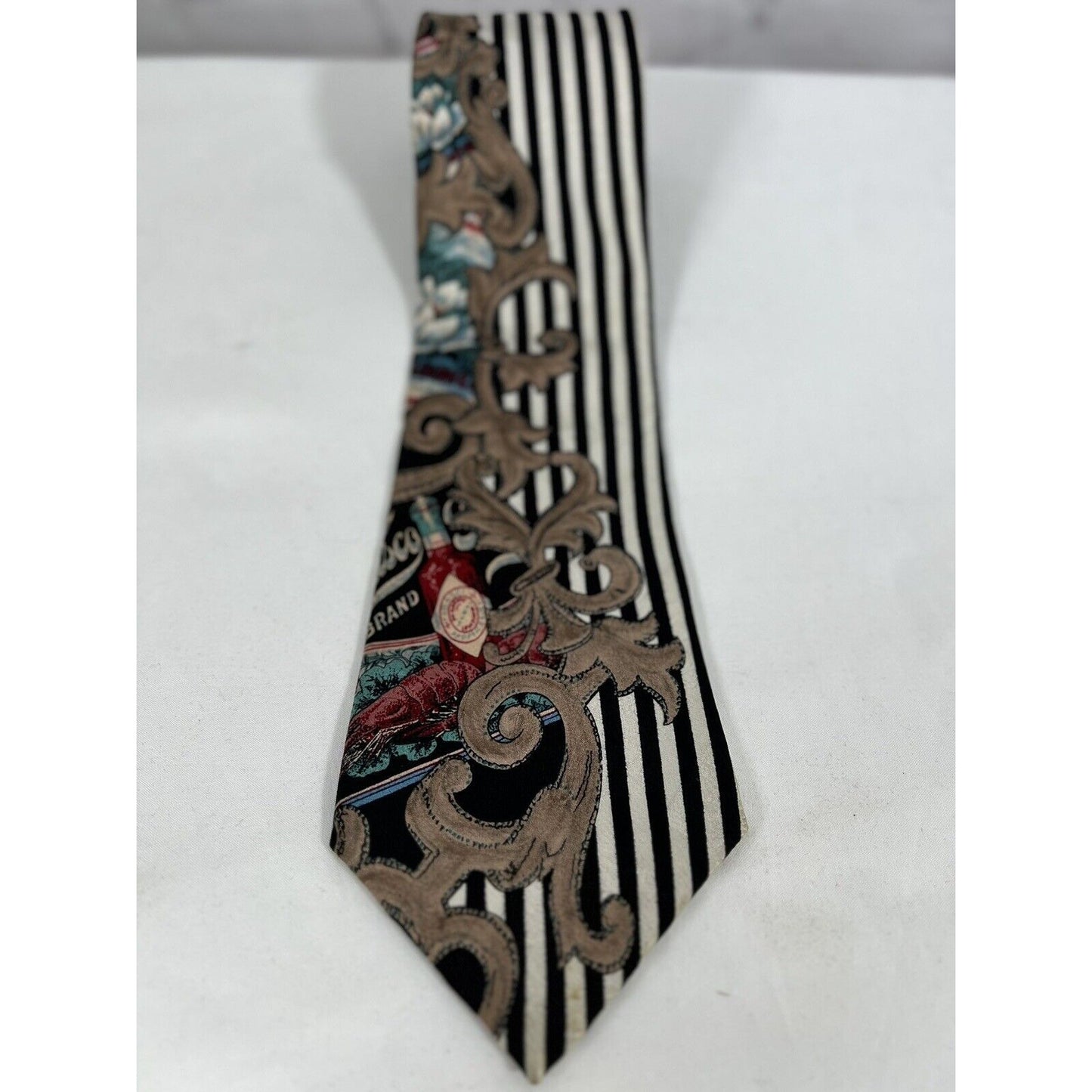 Vintage Tabasco Sauce Neck Tie 100% Silk USA Made Black White Striped 58”x4”