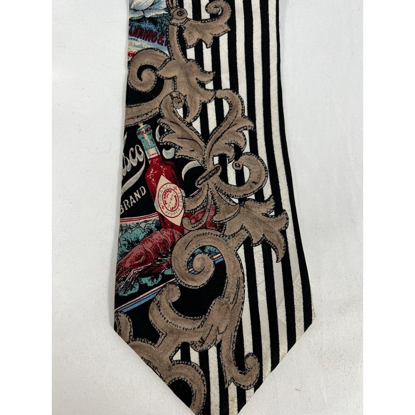 Vintage Tabasco Sauce Neck Tie 100% Silk USA Made Black White Striped 58”x4”