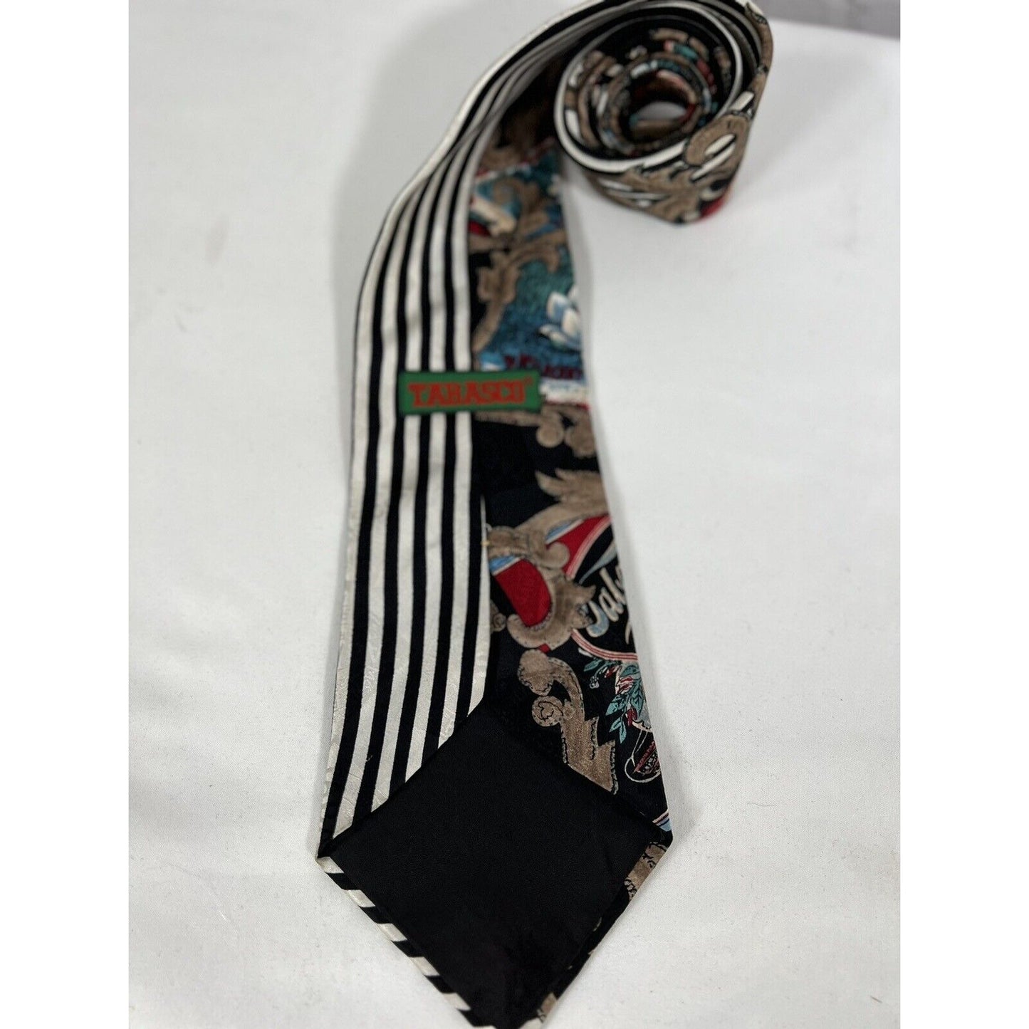 Vintage Tabasco Sauce Neck Tie 100% Silk USA Made Black White Striped 58”x4”