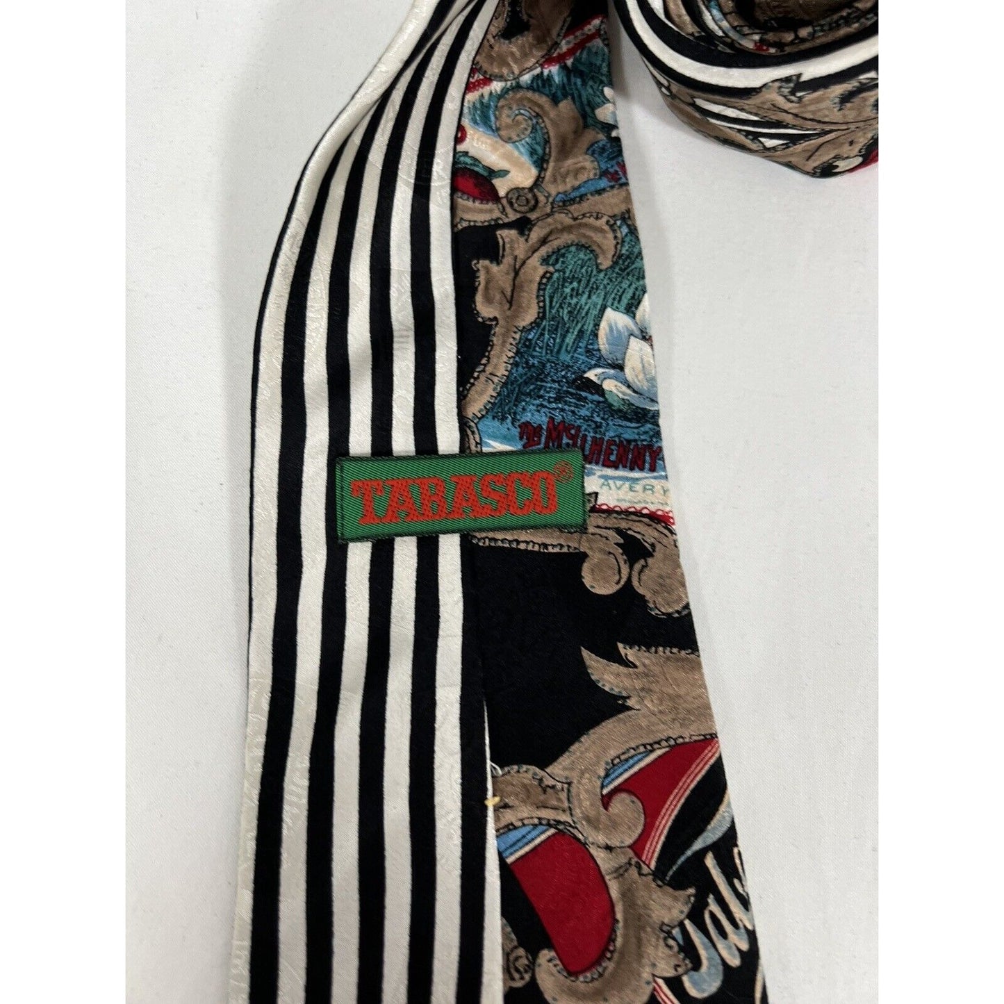 Vintage Tabasco Sauce Neck Tie 100% Silk USA Made Black White Striped 58”x4”