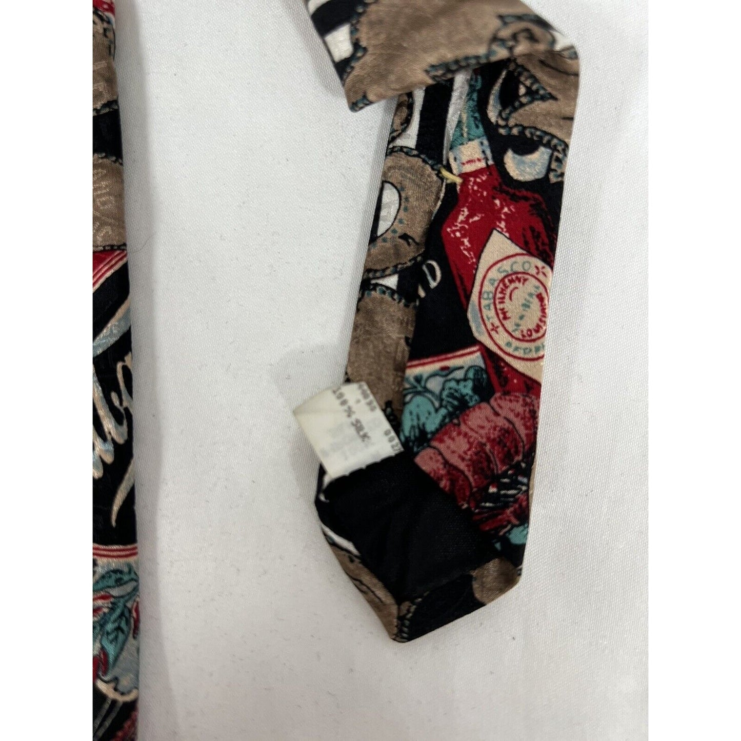 Vintage Tabasco Sauce Neck Tie 100% Silk USA Made Black White Striped 58”x4”