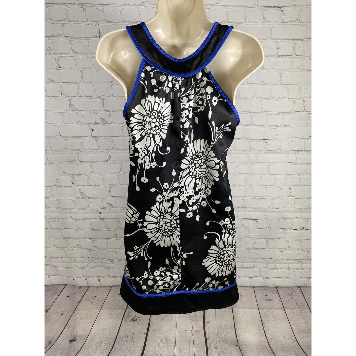 VTG Ruby Rox Black White Blue Satin Floral Sleeveless Tent Mini Dress 5 XS