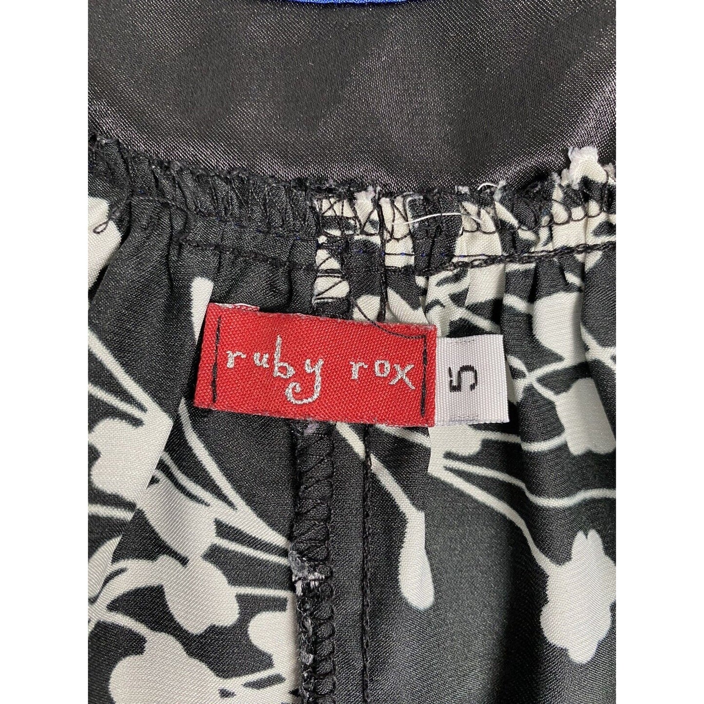 VTG Ruby Rox Black White Blue Satin Floral Sleeveless Tent Mini Dress 5 XS