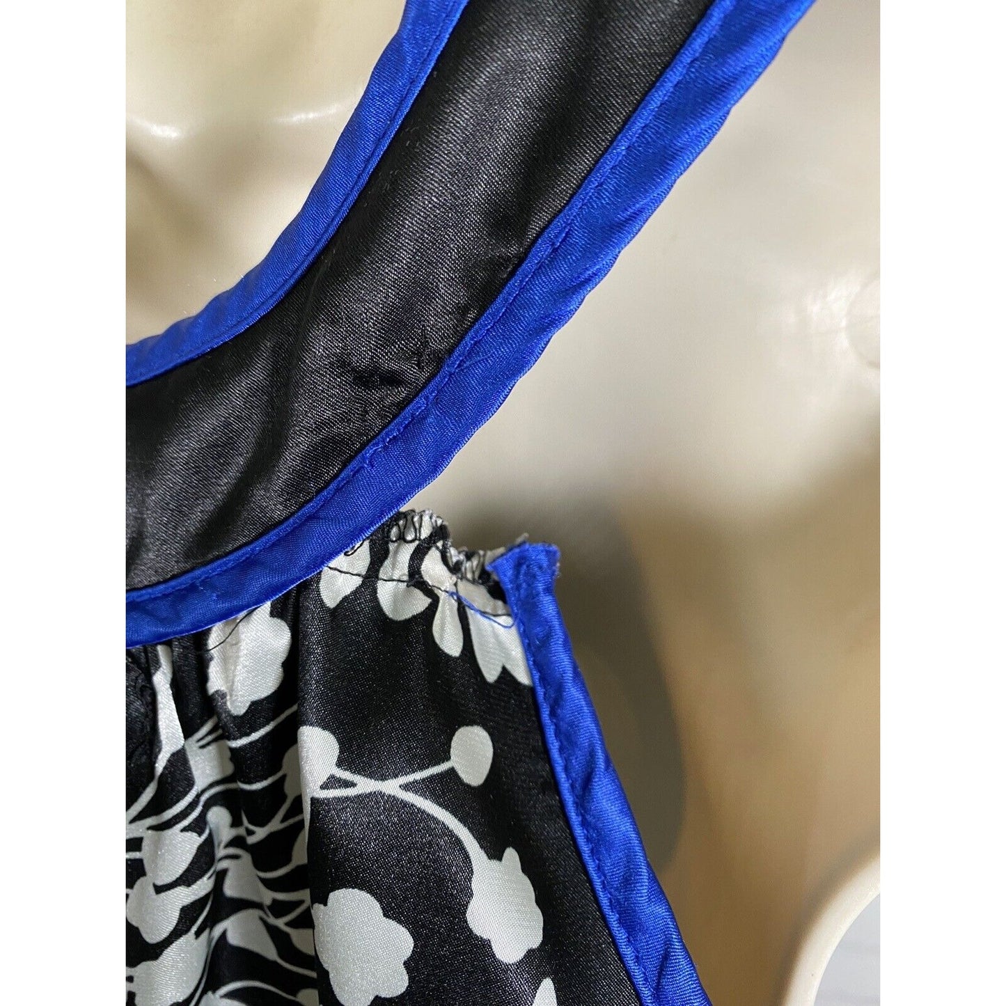 VTG Ruby Rox Black White Blue Satin Floral Sleeveless Tent Mini Dress 5 XS