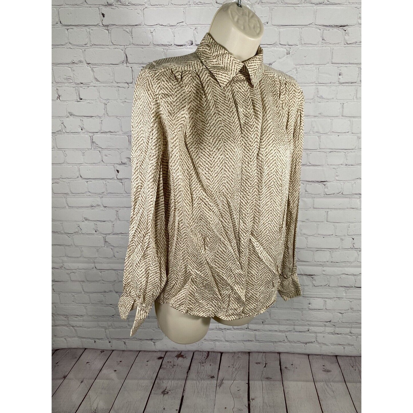 Vintage Oval Room All Silk Brown White Long Sleeve Button Up High Neck Shirt 10