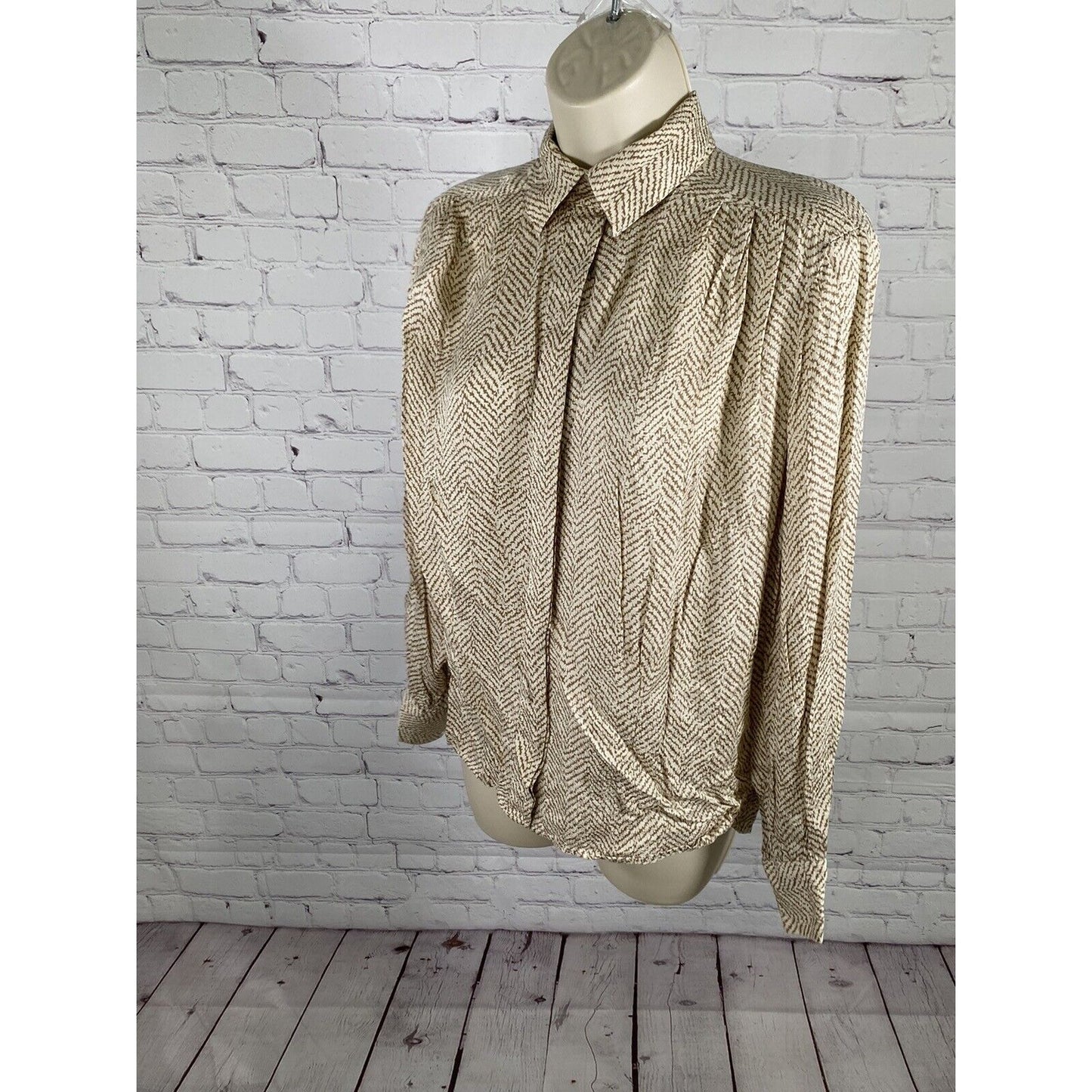 Vintage Oval Room All Silk Brown White Long Sleeve Button Up High Neck Shirt 10