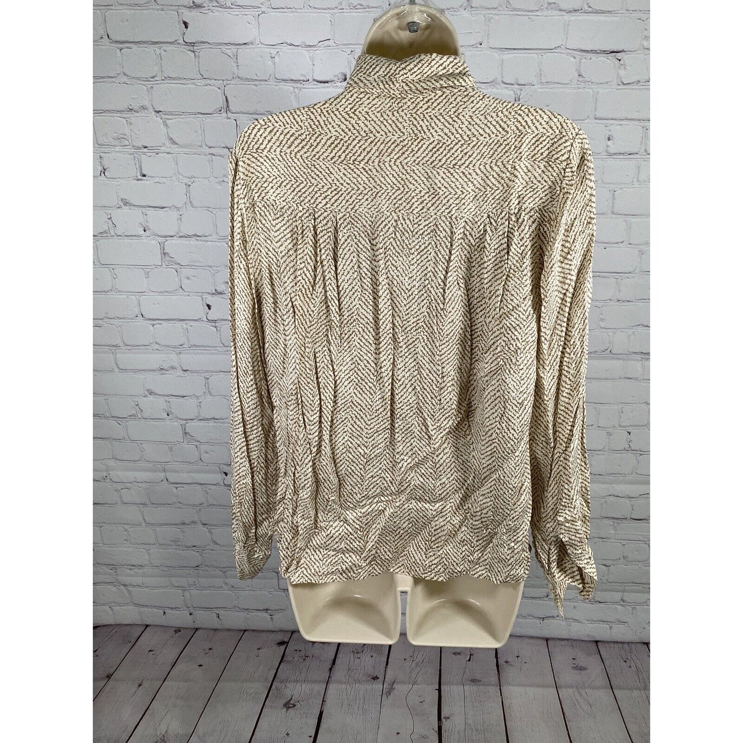 Vintage Oval Room All Silk Brown White Long Sleeve Button Up High Neck Shirt 10