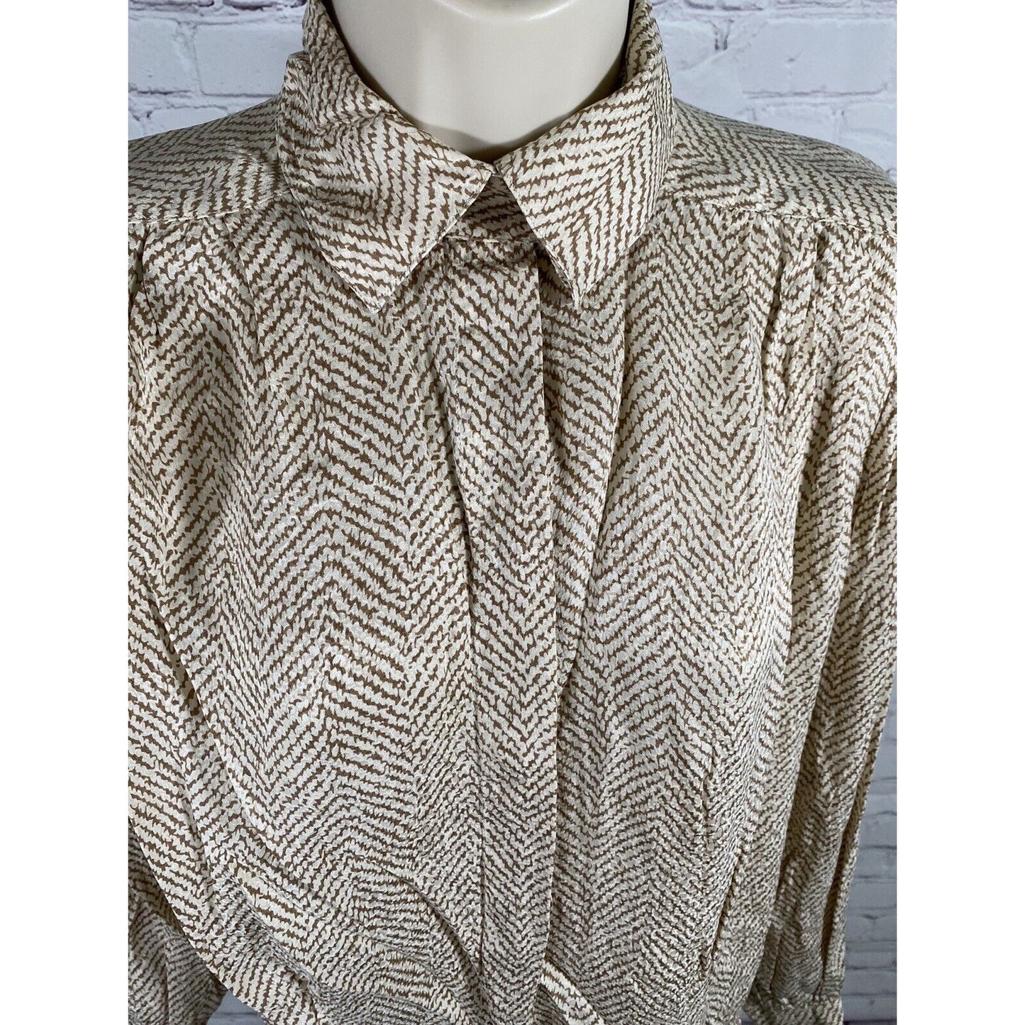 Vintage Oval Room All Silk Brown White Long Sleeve Button Up High Neck Shirt 10