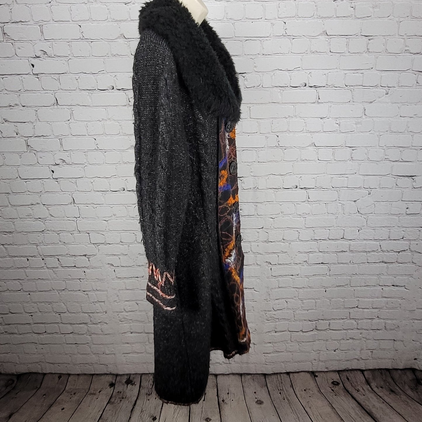 Ivonne Nordstrom Black Knit Faux Fur Collar Multicolor Button Cardigan Size G
